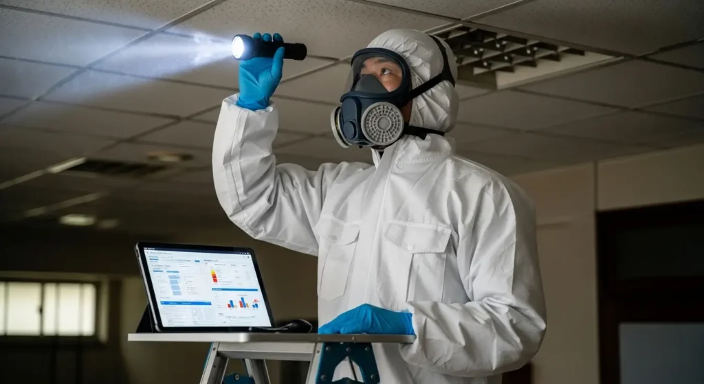 アスベスト調査を行う防護服姿の専門家と建物解体前の点検風景