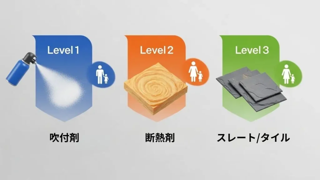 アスベスト除去のレベル分類（レベル1からレベル3）の比較図