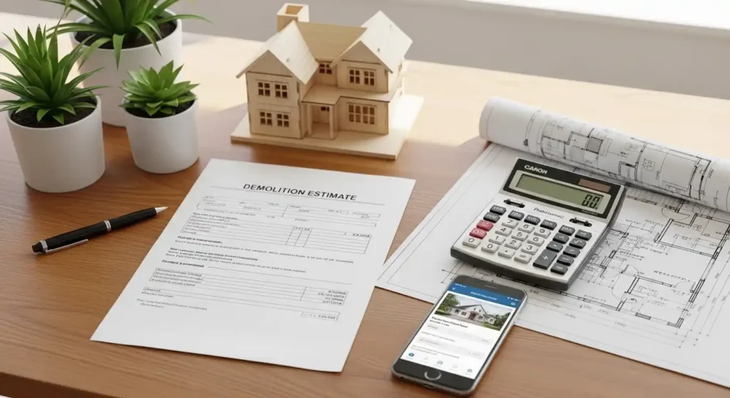 解体工事の見積書と計算機、家の図面を並べた費用計画のイメージ