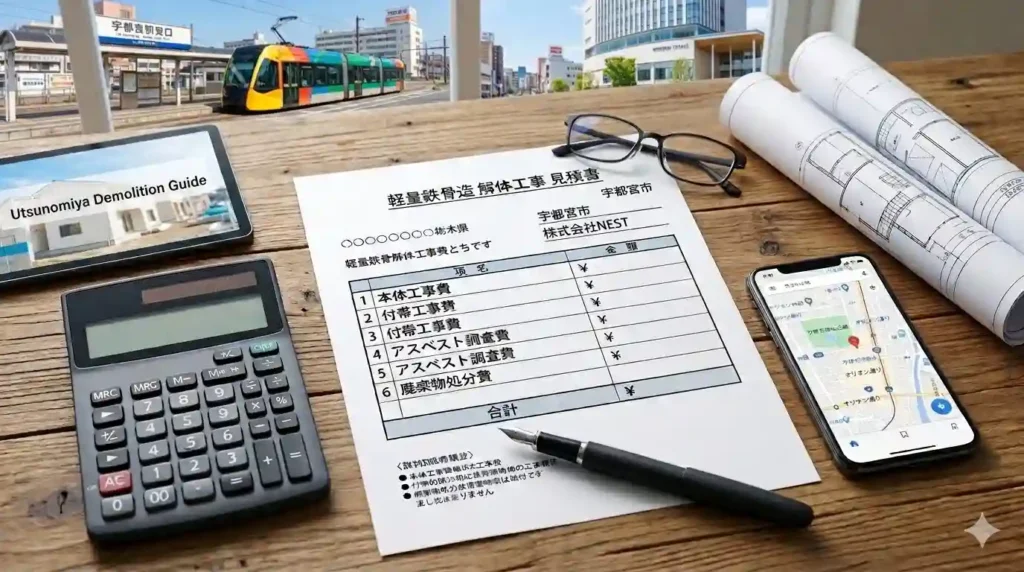 軽量鉄骨造の建物解体費用の見積書と設計図のイメージ