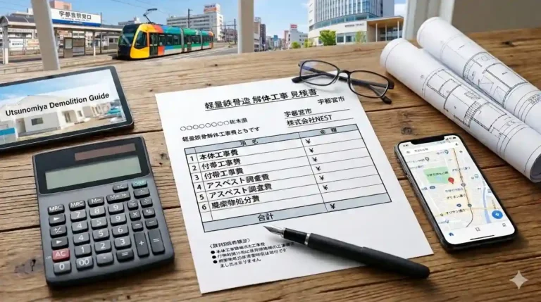 軽量鉄骨造の建物解体費用の見積書と設計図のイメージ