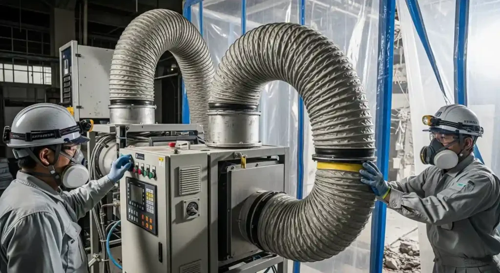 アスベスト除去現場で使用される負圧除塵機と空気清浄の様子