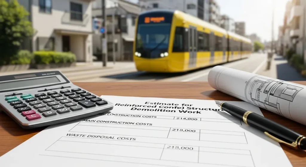 宇都宮市の街並みを背景にしたRC造解体費用の見積書と計算機