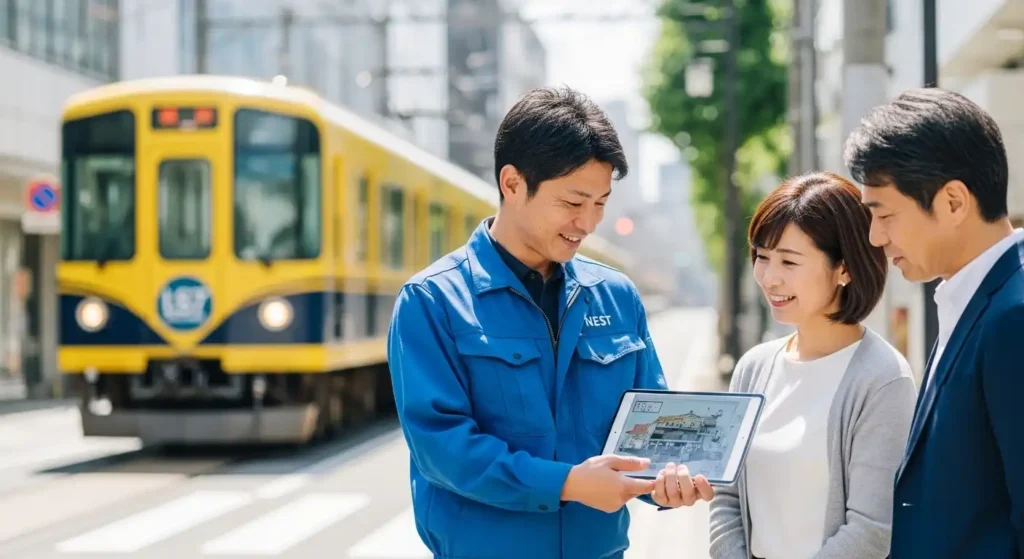 宇都宮市の街並みを背景に、解体計画を丁寧に説明するNESTの専門スタッフとお客様