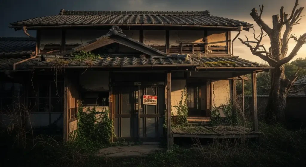 放置された空き家の老朽化と倒壊のリスクを警告するイメージ