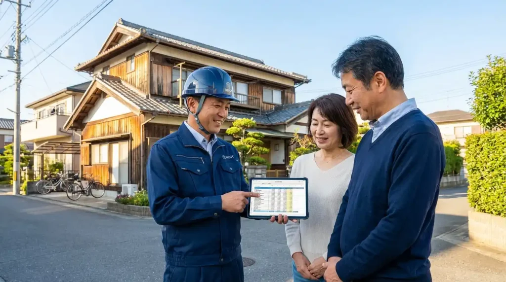 40坪の木造住宅の解体現場で見積書を確認する施主と専門スタッフ