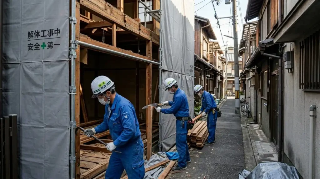 狭小地で重機を使わず手作業で慎重に解体工事を行う作業員