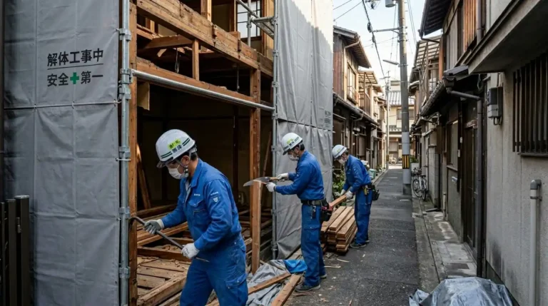 狭小地で重機を使わず手作業で慎重に解体工事を行う作業員