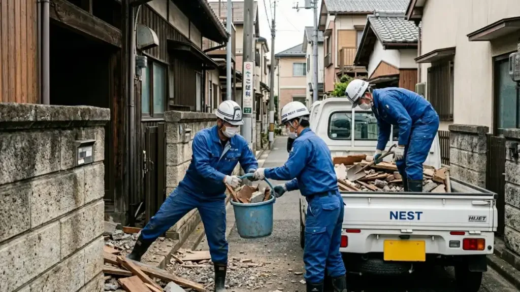 宇都宮市の密集した住宅街にある狭い路地で、解体工事で出た木材やコンクリートの廃材を手作業で軽トラックに積み込むNESTの作業員たち
