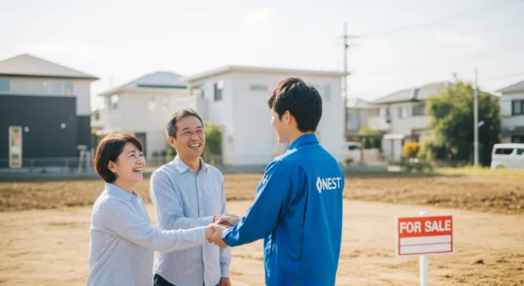 綺麗に整地された更地を前に笑顔で握手する施主とNESTスタッフ