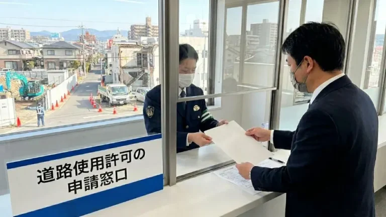 警察署の窓口で道路使用許可申請書を提出する担当者