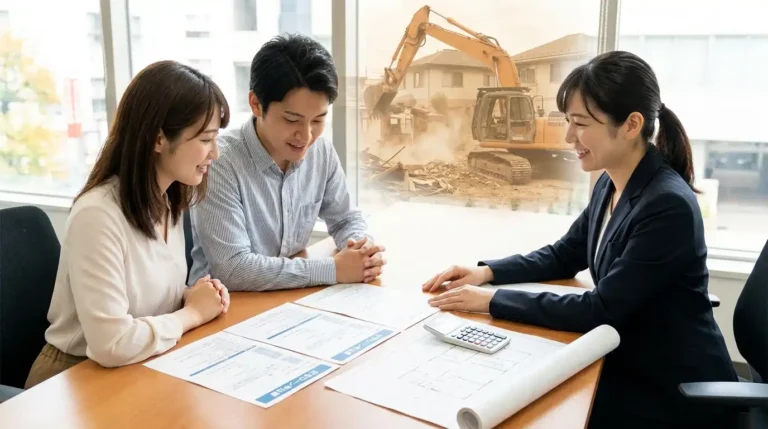 住宅ローンの書類と家の解体工事現場のイメージを背景に、銀行で相談する家族