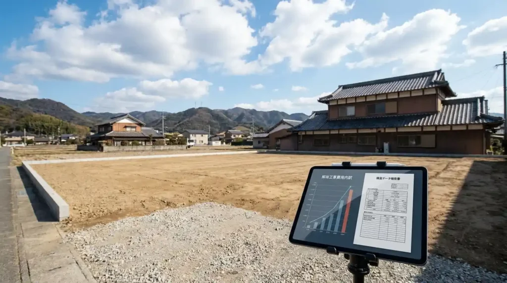 解体工事が完了した更地と、構造別の坪単価や見積もり内訳が表示されたタブレットのイメージ