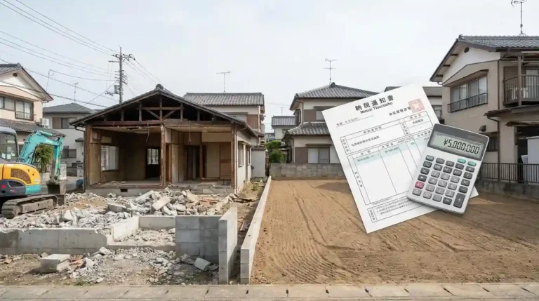 古い家が取り壊された更地と、その上に重なる固定資産税の納税通知書のイメージ