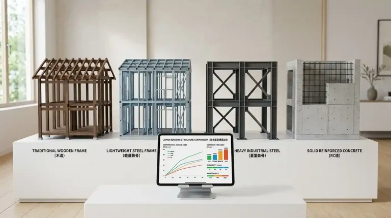 木造、軽量鉄骨造、重量鉄骨造、鉄筋コンクリート造の建物構造模型と、それぞれの解体費用相場を比較したデータのイメージ