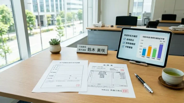 空き家の解体費用補助金の申請書と項目別の見積書が綺麗に並べられたデスクのイメージ