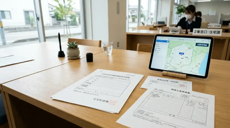 壬生町の空き家解体事業補助金の申請書類一式と、自社直接施工の見積書、および納税証明書が綺麗に並べられたイメージ