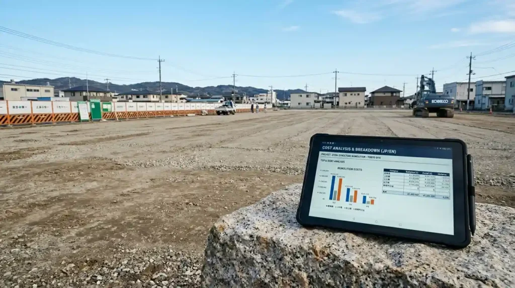 鉄骨造建物の解体工事が完了した更地と、費用相場の分析データが表示されたタブレットのイメージ