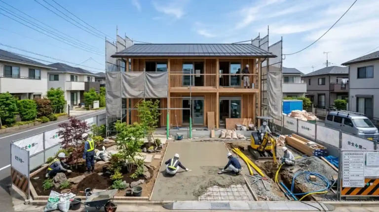 新築住宅の本体工事と敷地周りの付帯工事が並行して進められている様子を表現したイメージ画像
