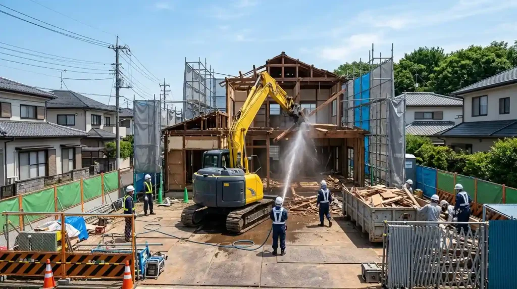 50坪の住宅解体現場で散水と防音シートによる安全対策を行いながら解体作業が進められている様子を表現したイメージ画像