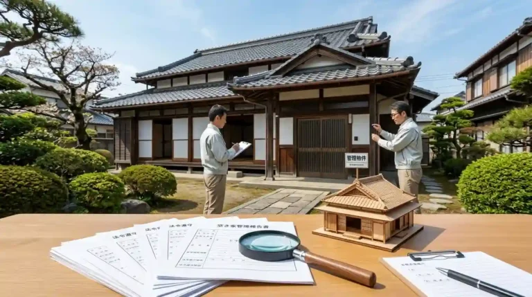空き家対策特別措置法に関する解説用画像として古い住宅の管理・点検と書類手続きをイメージした写真