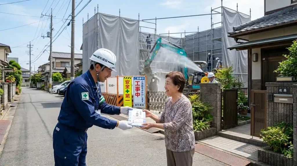解体工事の近隣トラブル対策と着工前の丁寧な近隣挨拶・安全養生をイメージした写真