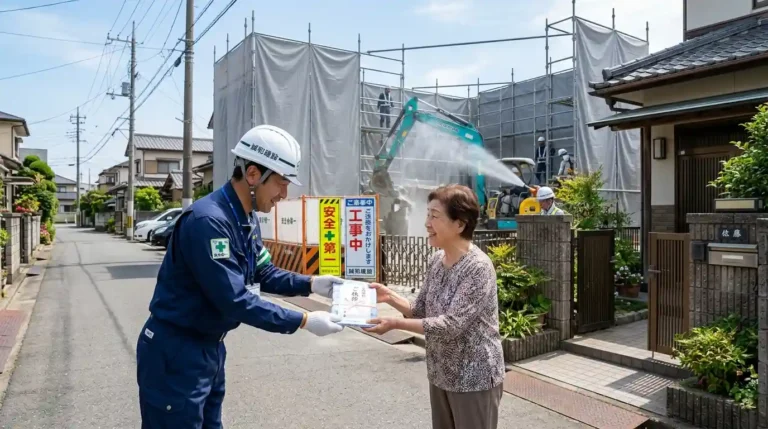 解体工事の近隣トラブル対策と着工前の丁寧な近隣挨拶・安全養生をイメージした写真