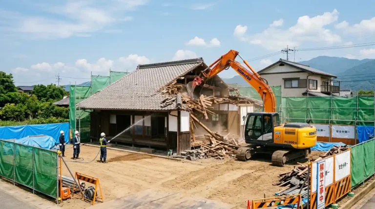 平屋住宅の解体工事費用相場と重機による安全な建物取り壊し作業をイメージした写真